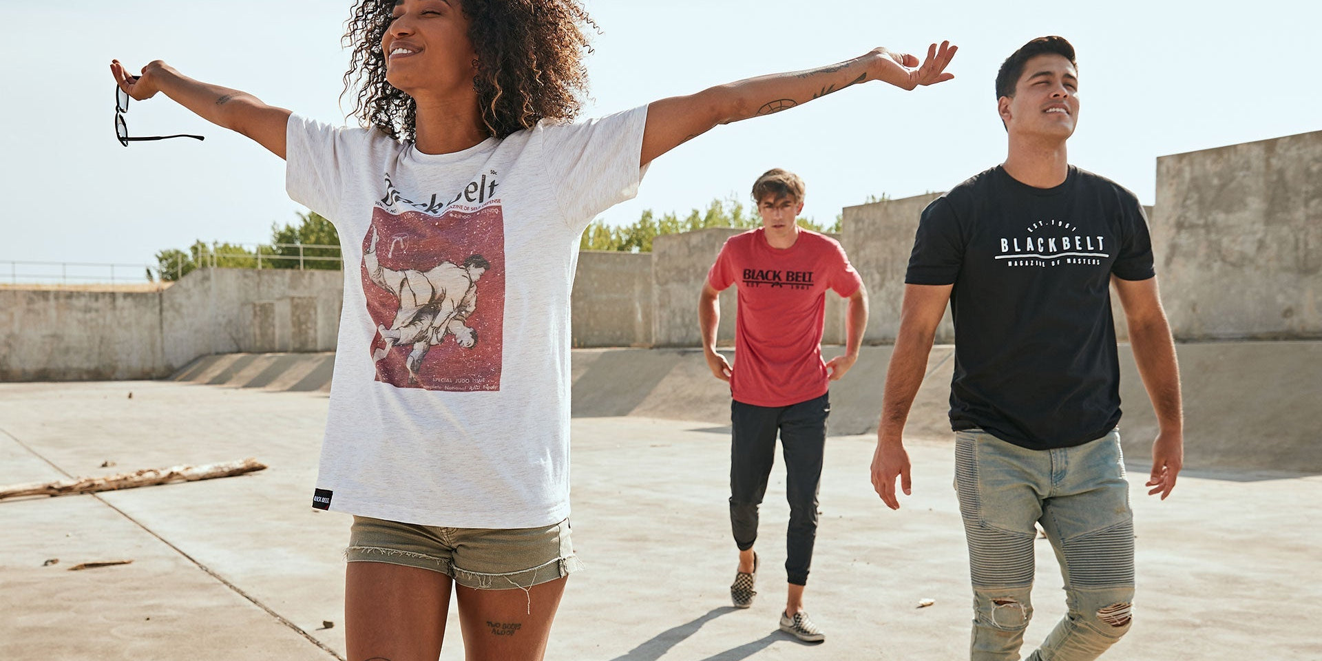 group walking wearing t-shirts