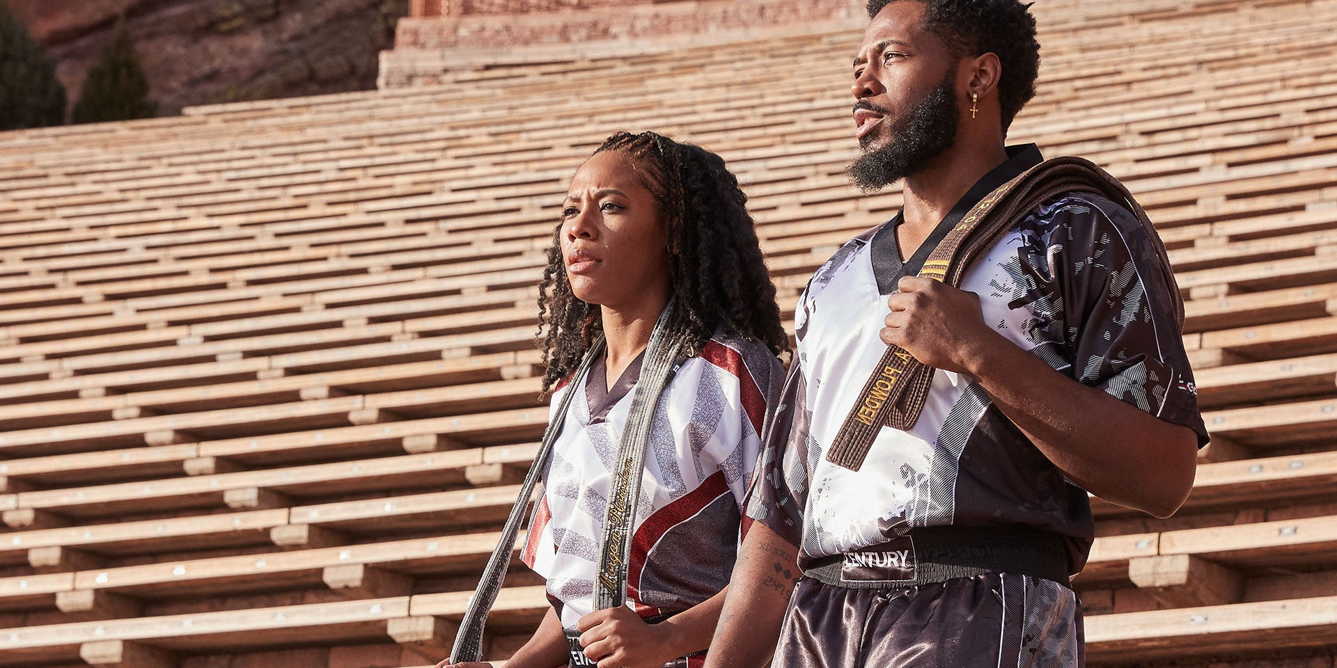 martial artists posing at amphitheater