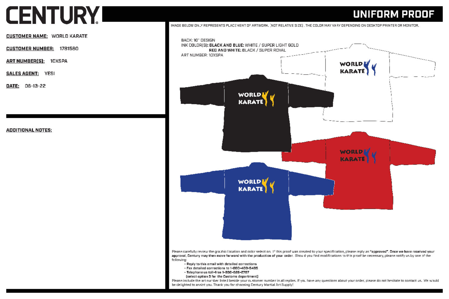 10oz 100% Cotton Uniform, Red