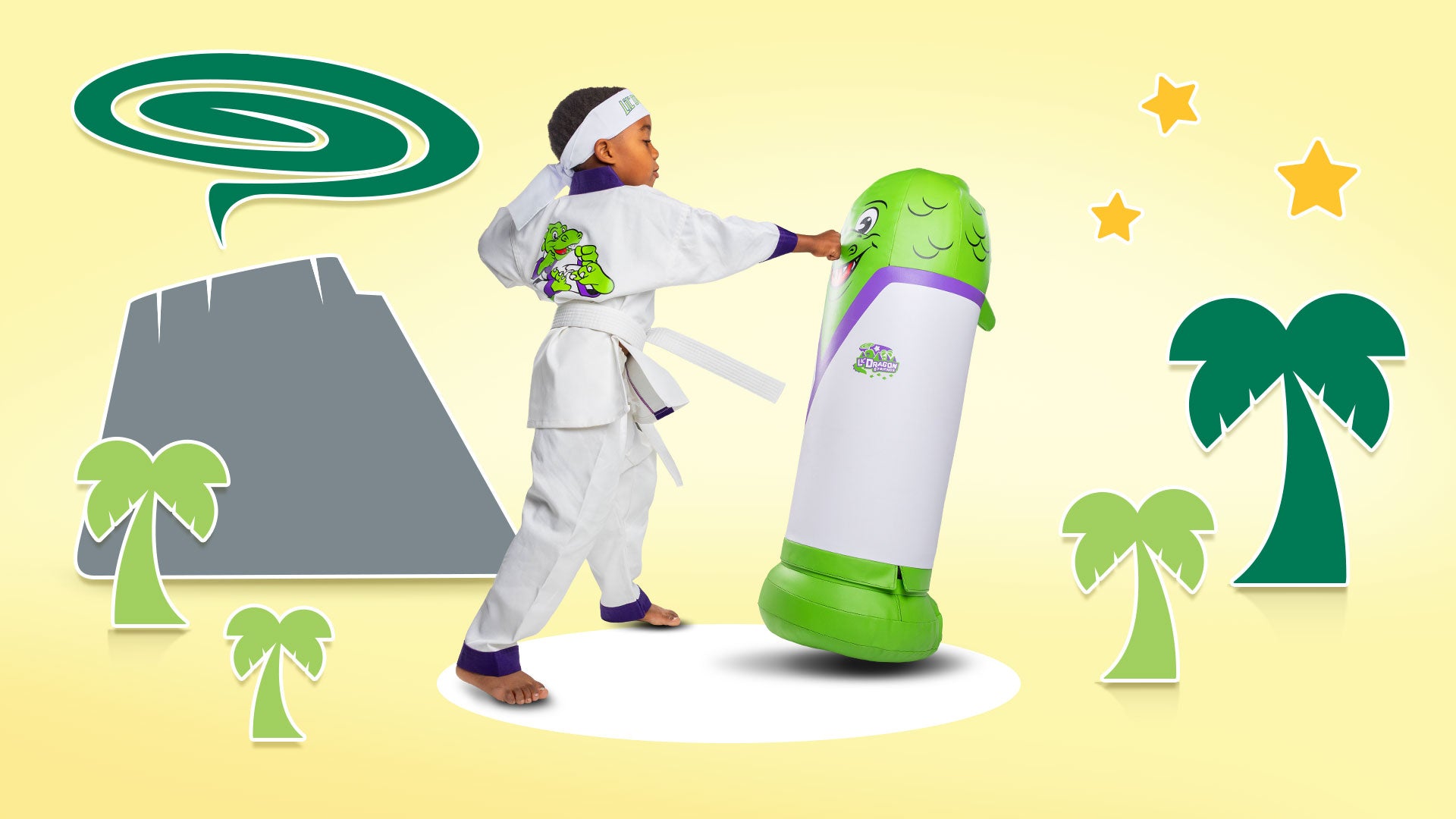 creative lifestyle image of young student in lil' dragon uniform punching lil' dragon character bag