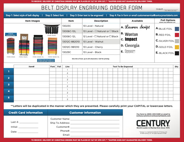 belt display engraving order form